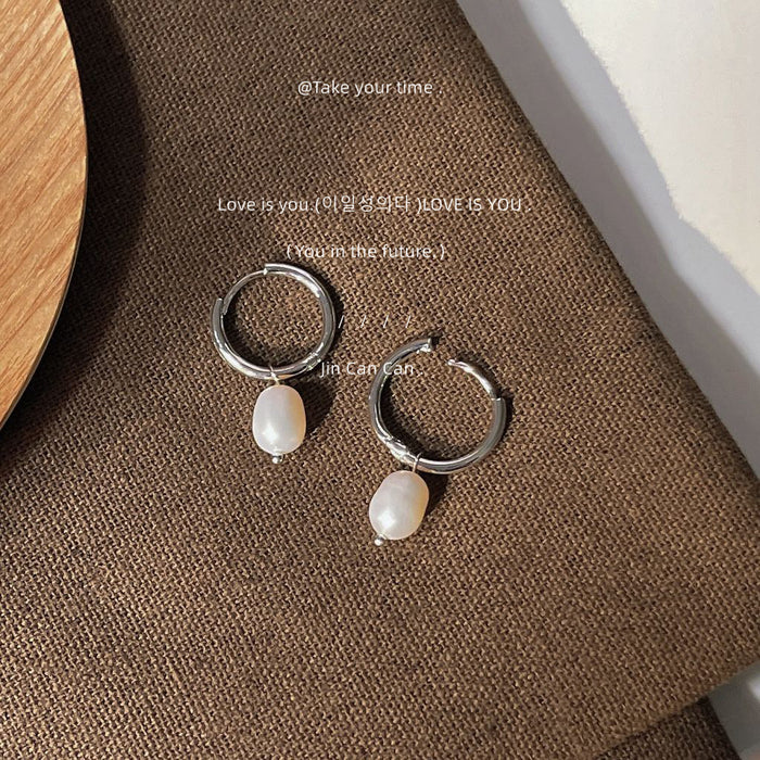 Silver Huggie Hoop Freshwater Pearl Drop Earrings Pair