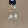 Gold Pearl and Chain Tassel Earrings with Circular Links view 2