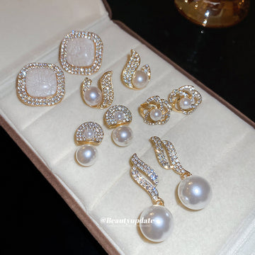 Gold Tone Pearl and Crystal Stud Earring Set of Ten Pairs