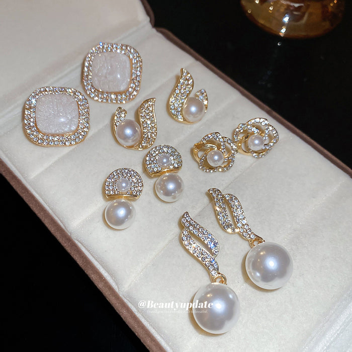 Gold Tone Pearl and Crystal Stud Earring Set of Ten Pairs