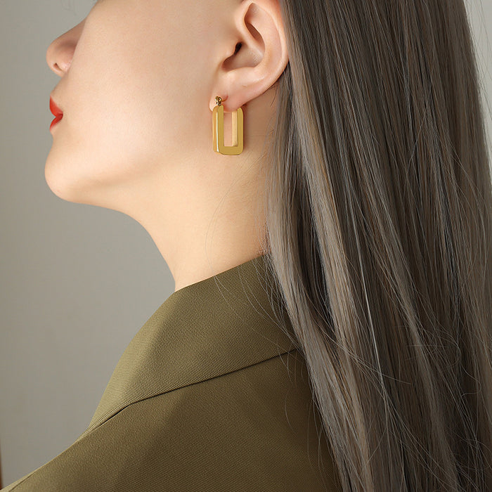 Brushed Rectangular Geometric U Shape Hoop Earrings Gold