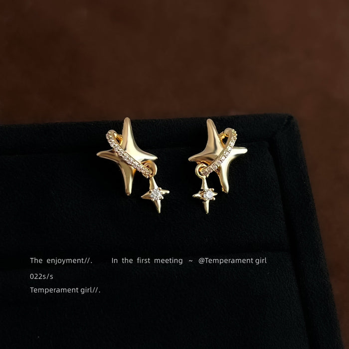 Gold Tone Clear Stone Double Star Asymmetric Stud Earrings