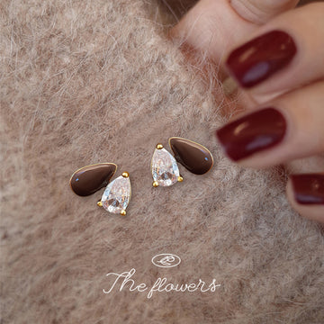 Gold-Tone Teardrop CZ Stud Earrings Brown Enamel Accent
