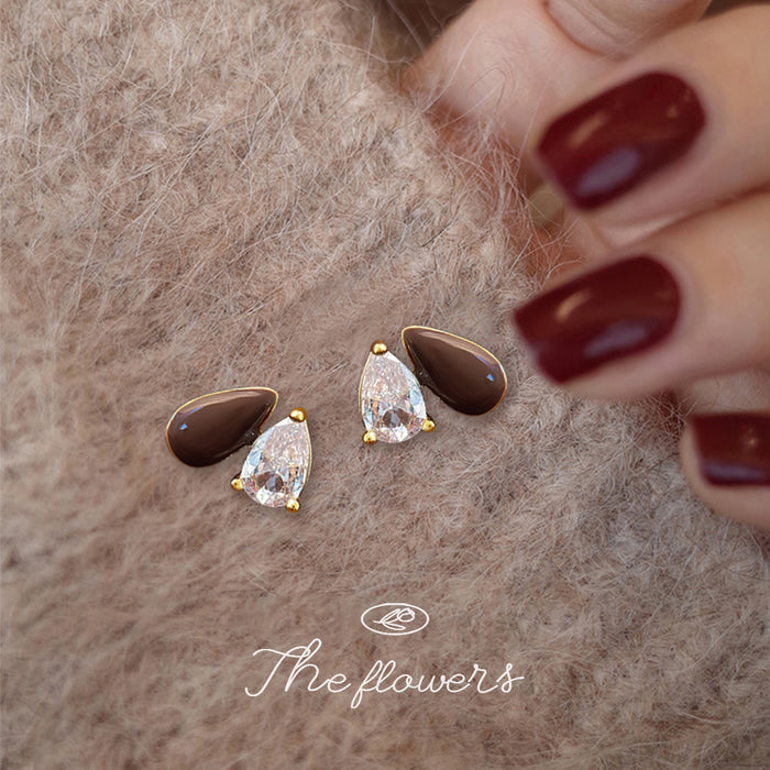 Gold-Tone Teardrop CZ Stud Earrings Brown Enamel Accent