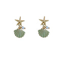 Gold Tone Starfish And Shell Fan Stud Earrings In White And Green view 5