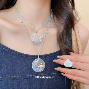 Blue Cord Clear Ocean Resin Pendant Necklaces Statement Jewelry