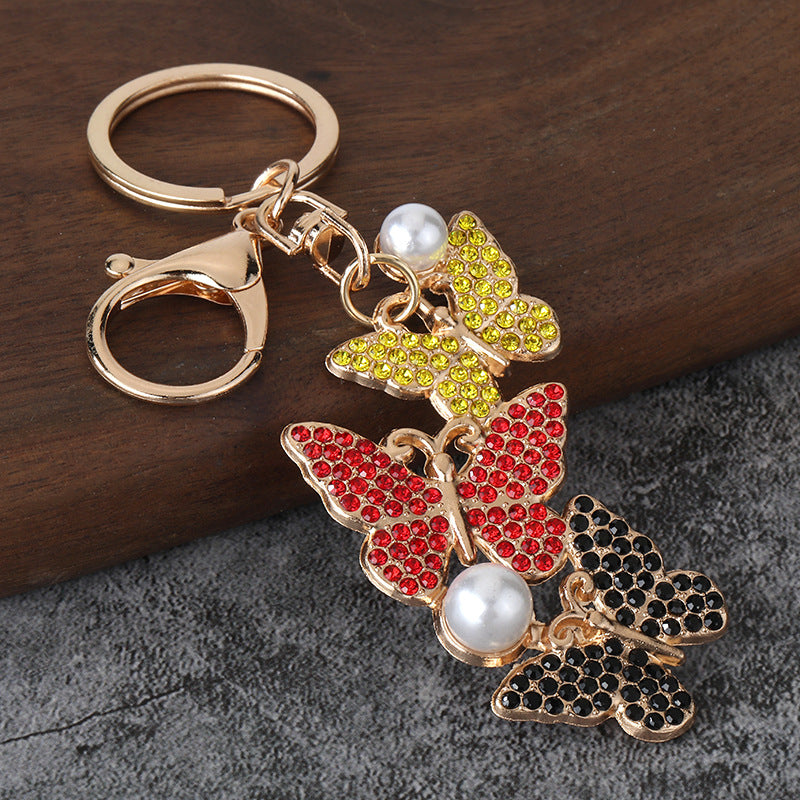 Pearl Butterfly Rhinestone Keychain Metal Car Key Ring Bag Charm