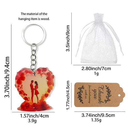 Size chart for red heart couple keychain bag and tag dimensions
