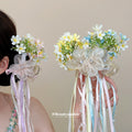 Floral Organza Bow Ribbon Pearl Strand Hair Claw Clip view 1