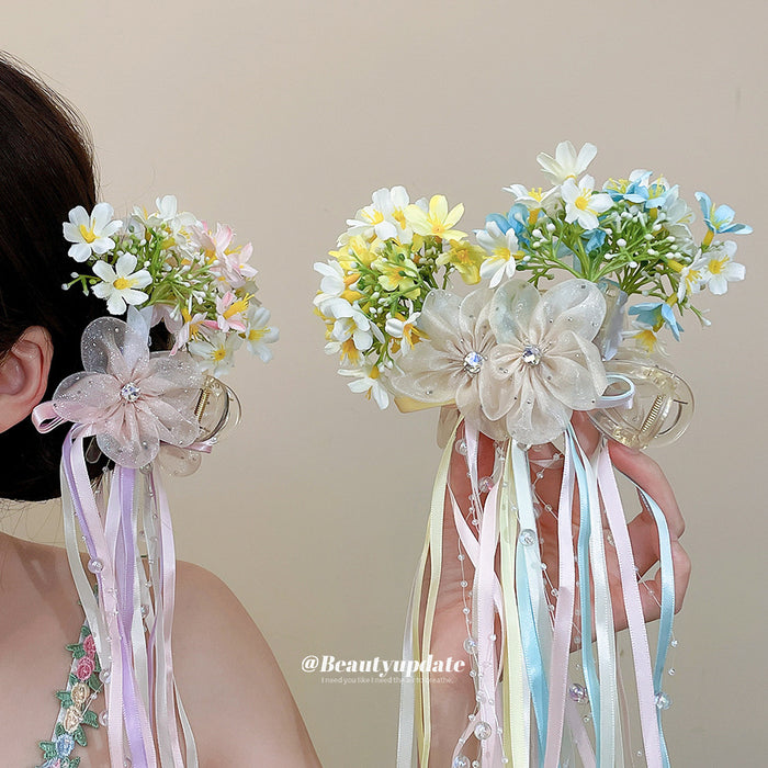Floral Organza Bow Ribbon Pearl Strand Hair Claw Clip