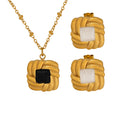 Knot Weave Square Pendant Necklace Stud Earrings Black White view 5