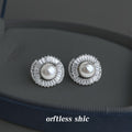 Silver Pearl Center Double Halo Baguette CZ Stud Earrings view 1