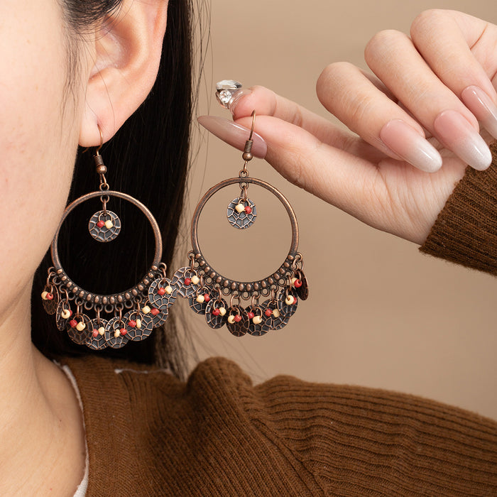 Antique Bronze Crescent Bead Fringe Long Hook Earrings