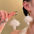 White Fluffy Pom Pom Hoop Earrings With Pearl Drops view 2