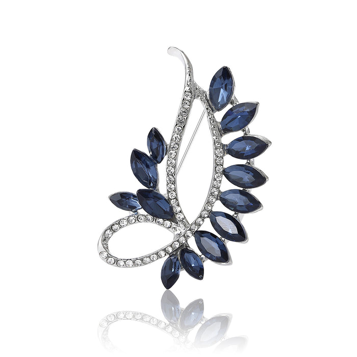 Navy Crystal Leaf Brooch With Curved Pavé Silver Tone Stem