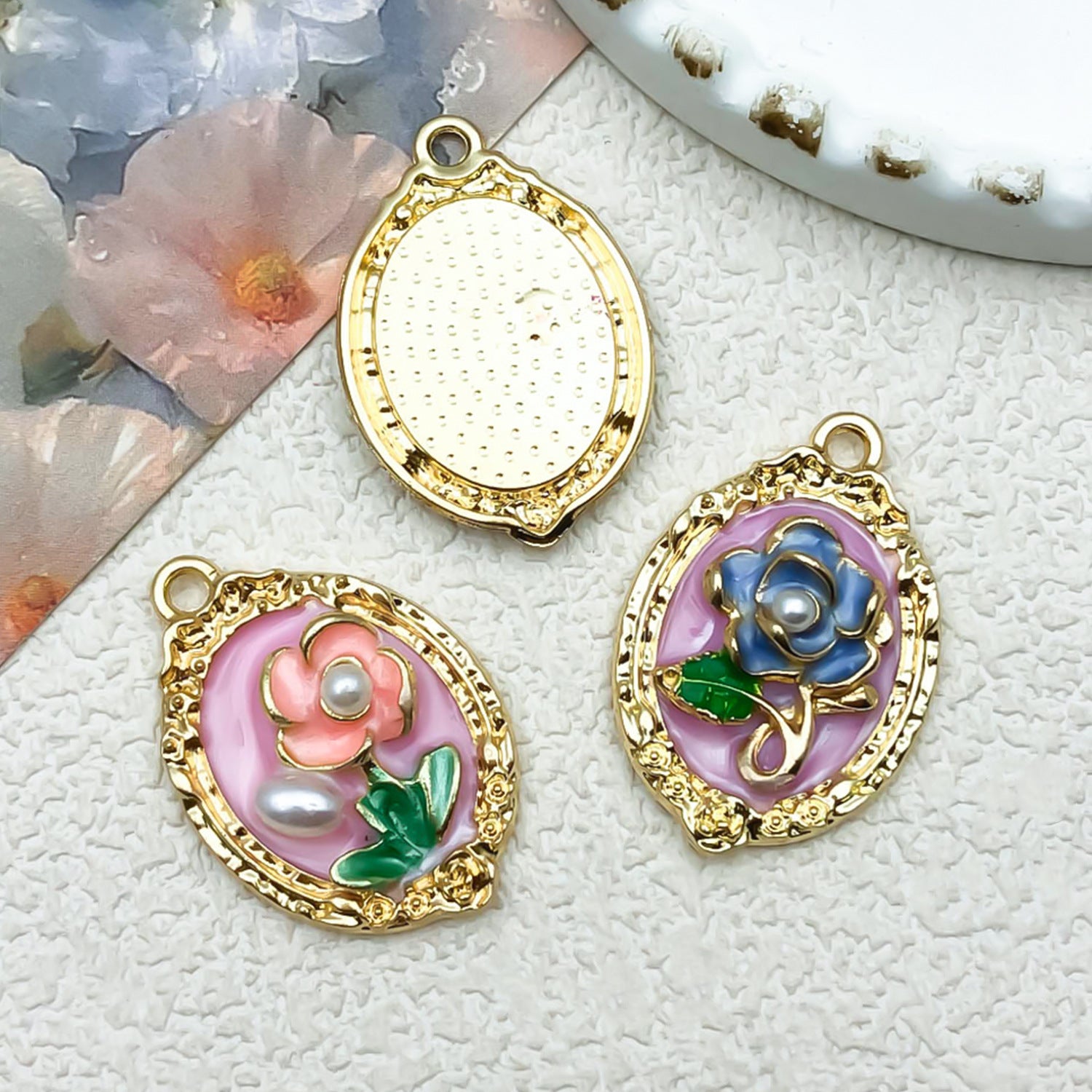 Enamel Zinc Alloy Flower Oil Painting Monet Garden Charm Pendant for DIY Necklaces