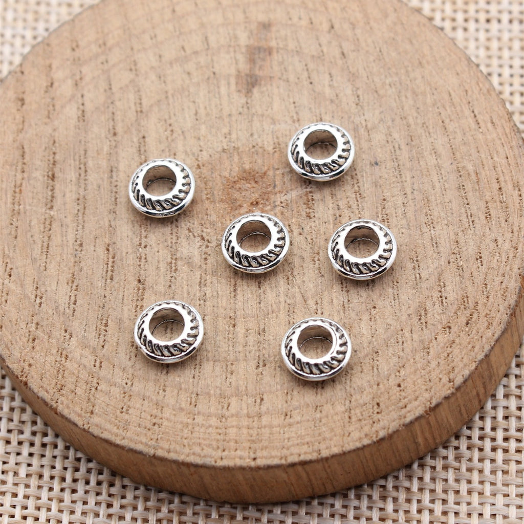 7.5x7.5x3.2mm 0.41g Antique Silver Zinc Alloy Flat Round Large Hole Spacer Beads for Bracelet Making
