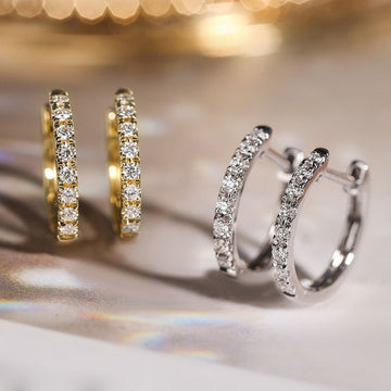 Pave Clear Stone Huggie Hoop Earrings Silver and Gold Tone