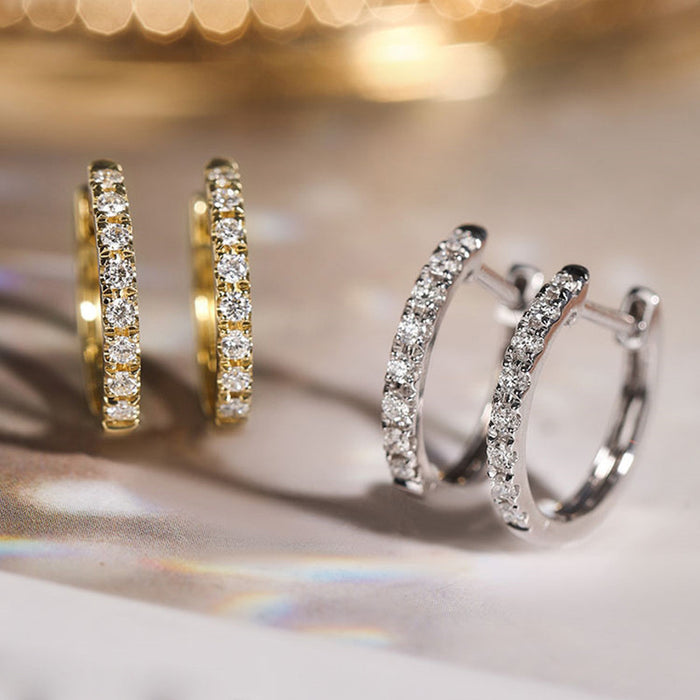 Pave Clear Stone Huggie Hoop Earrings Silver and Gold Tone
