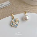 Asymmetric Blue Enamel Flower Baroque Pearl Drop Earrings view 4