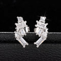Silver Geometric Baguette Round Clear Stone Stud Earrings view 6