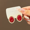 Gold Tone Oval Red Cabochon Stud Earrings Pearl Halo Frame view 6