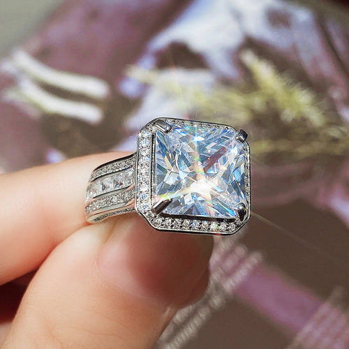 Silver Tone Square Crystal Halo Statement Ring angled detail