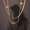 Gold Glass Stone Station Necklace And Herringbone Chain view 2