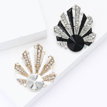 Art Deco Fan Shell Brooch Large Rivoli Rhinestone Pin