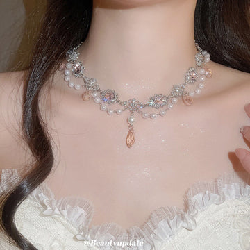 Pink White Floral Pearl Fringe Statement Necklace For Women