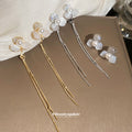 Flower Pearl Long Chain Ear Clips in Three Metallic Styles view 4