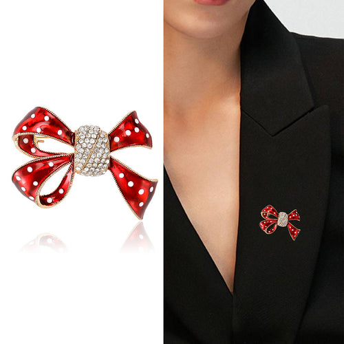 Polka Dot Bow Brooch with Crystal Center in Four Colors front view on a white background