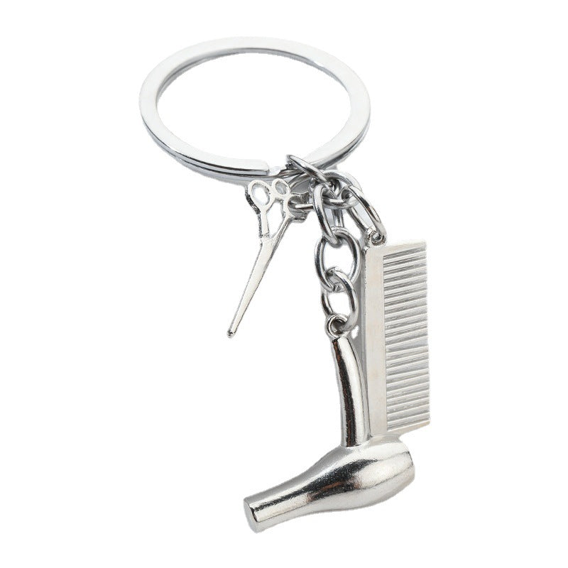 Hair Salon Tools Alloy Keychain with Scissors Comb and Hair Dryer