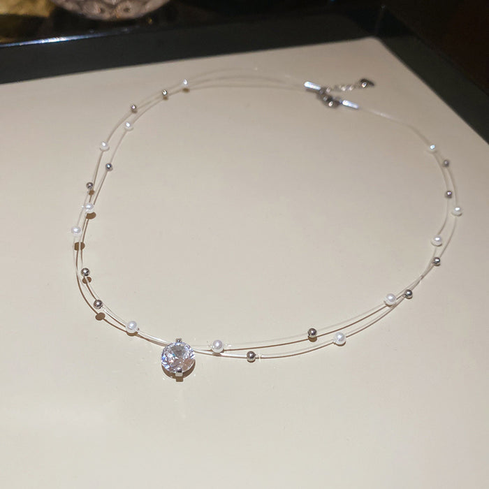 Silver Tone Beaded Chain and Round Crystal Pendant Necklace