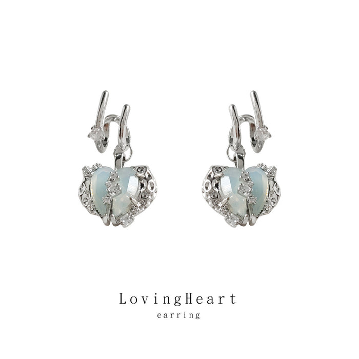 Silver Tone Split Heart Drop Earrings Opaline Crystal Posts