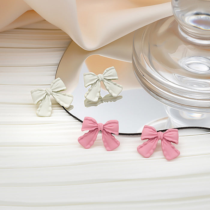 Pink and White Painted Ribbon Bow Small Stud Earrings