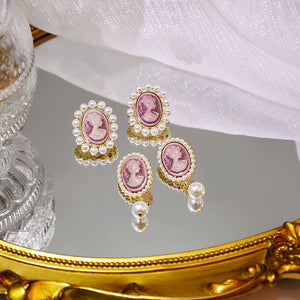 Gold-Tone Pink Cameo Earrings with Pearl-Look Border and Drop
