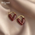 Burgundy Enamel Heart Hoop Earrings Gold Tone Lever Backs view 4