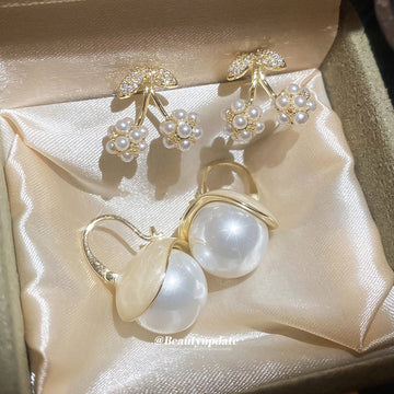 Pearl Cherry Flower Stud And Gold Tone Hoop Earrings