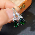 Silver Tone Green Pear Drop Earrings Clear Leaf Accents view 2