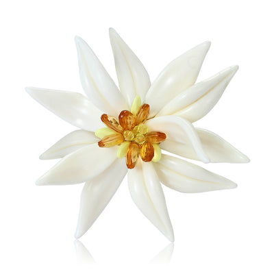 Large White Enamel Flower Brooch shown against a white display background