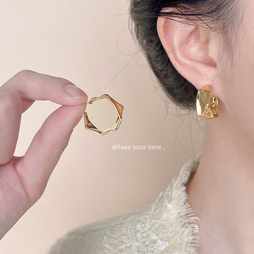 Gold Geometric Hollow Square Hoop Earrings Wave Edge