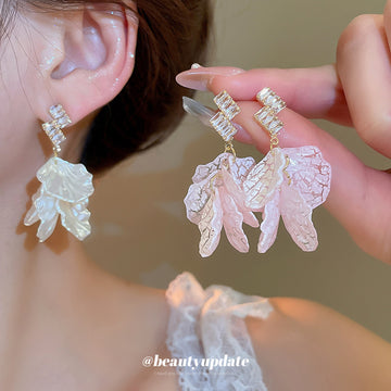 Pastel Shell Petal Drop Earrings with Crystal Bar Studs
