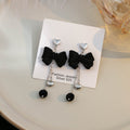 Black Flocked Bow Heart Chain Tassel Stud Earrings view 3
