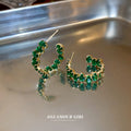 Green Crystal Open Hoop Earrings Polished Metal Jewelry view 1