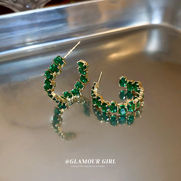 Green Crystal Open Hoop Earrings Polished Metal Jewelry