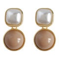 Gold Square Pearl Round Latte Cabochon Drop Earrings view 5