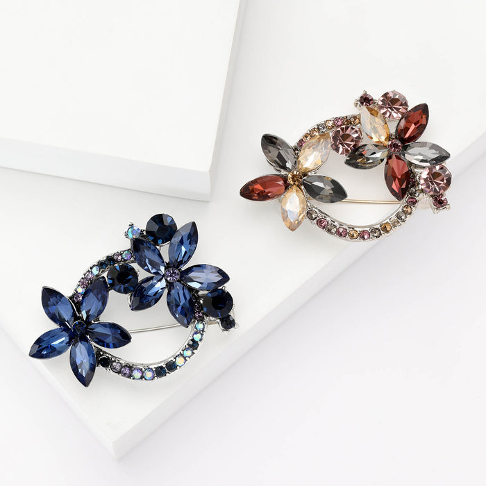 Rhinestone Flower Wreath Brooch Dual Bloom Curve Pin