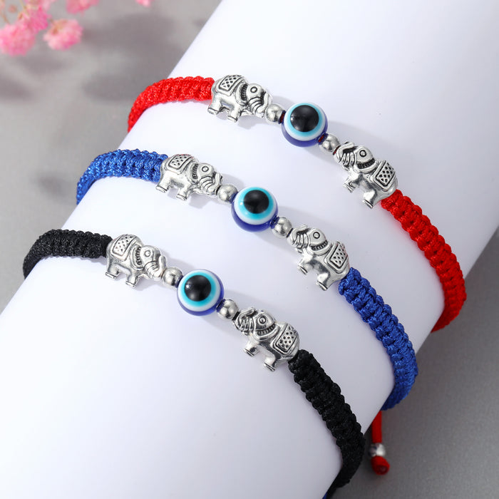 Silver Tone Elephant Blue Evil Eye Adjustable Cord Bracelets