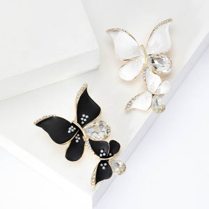 Matte Enamel Dual Butterfly Brooch Crystal Drops Black White